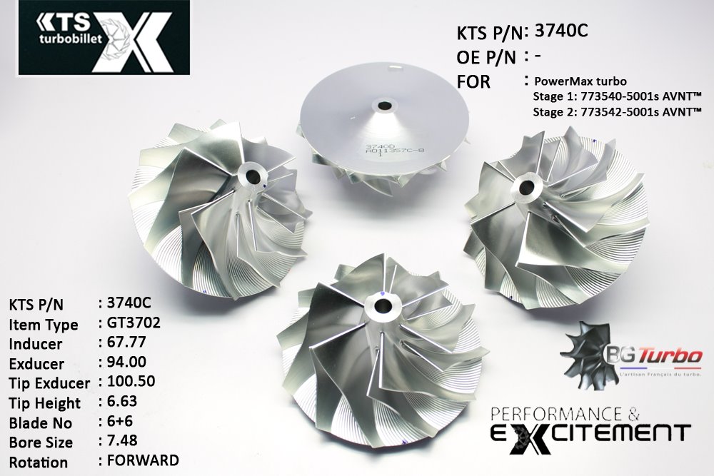 Turbo ROUE FORGÉE MFS PERFORMANCE - 6+6 PALES - INDUCER : 67,77 - EXDUCER : 94 - TYPE : GT3795ANGLE : 60° - ROTATION : Forward - SUPER BACK : 5,55 - BORE SIZE : 7,48
